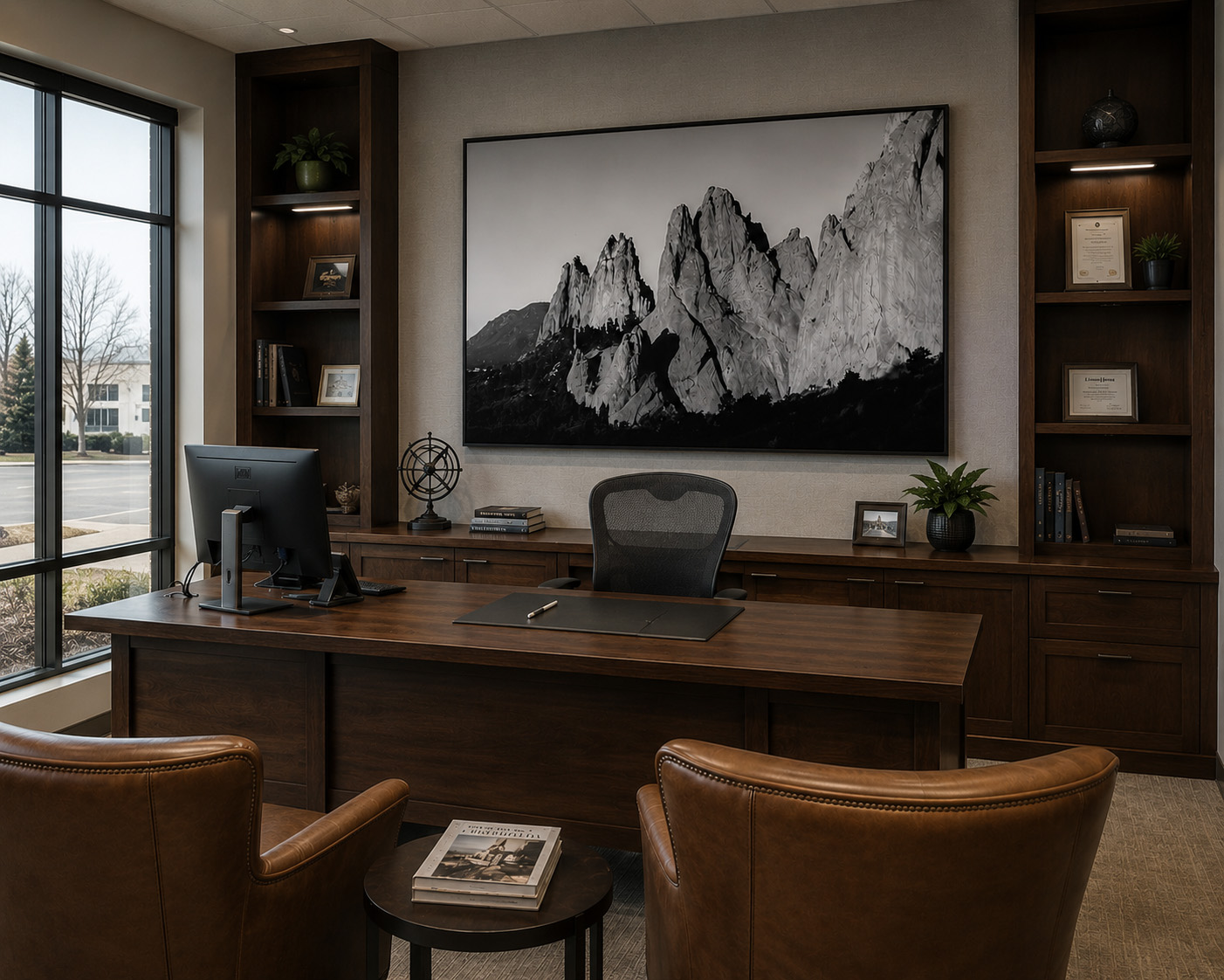 Large black and white mountain landscape artwork in a financial office by Dan Sproul